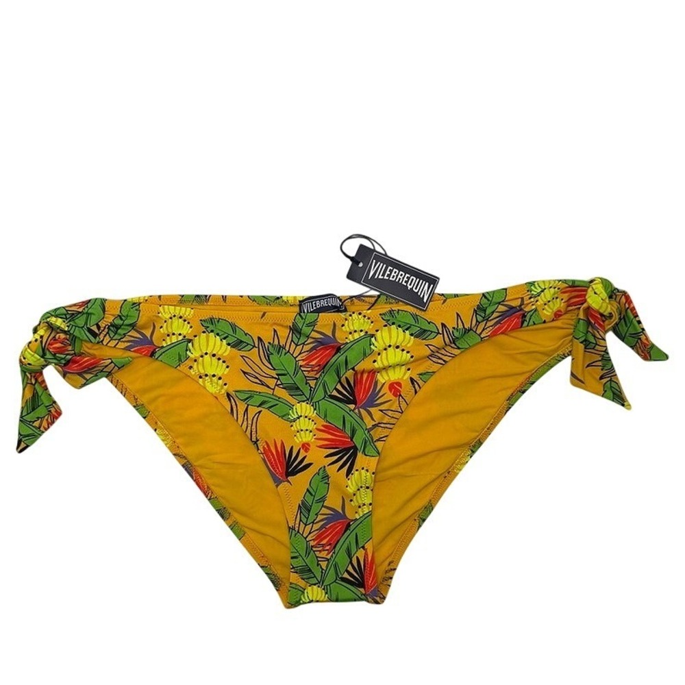 Vilebrequin Flow Bikini Bottoms Curry Yellow Tropical Banana Print Side Tie L
